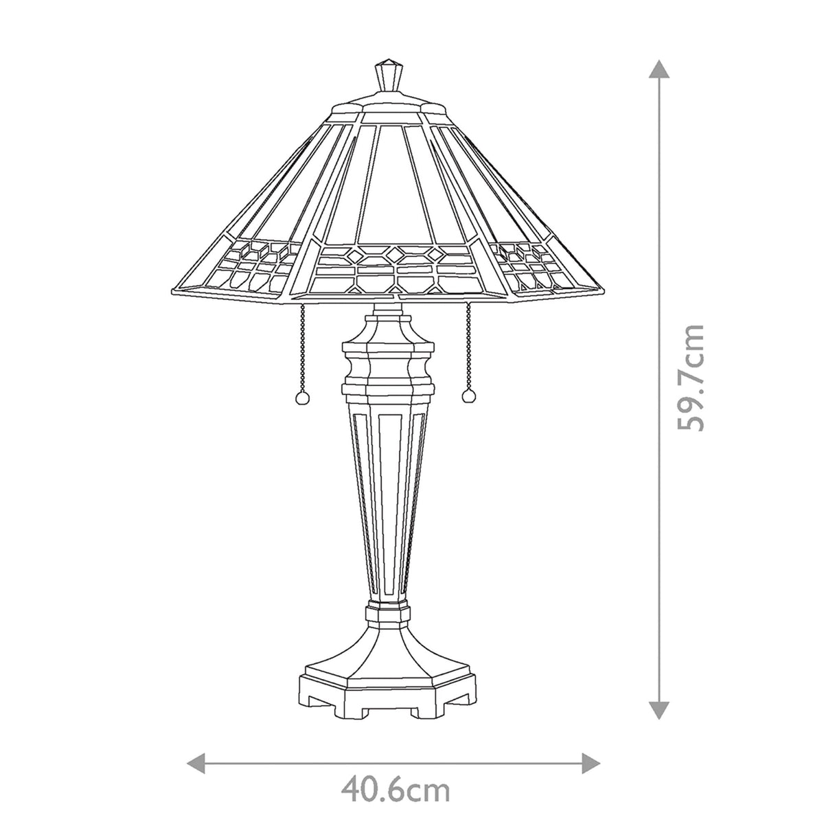 Line drawing of a table lamp with dimensions: 59.7cm high, 40.6cm wide.