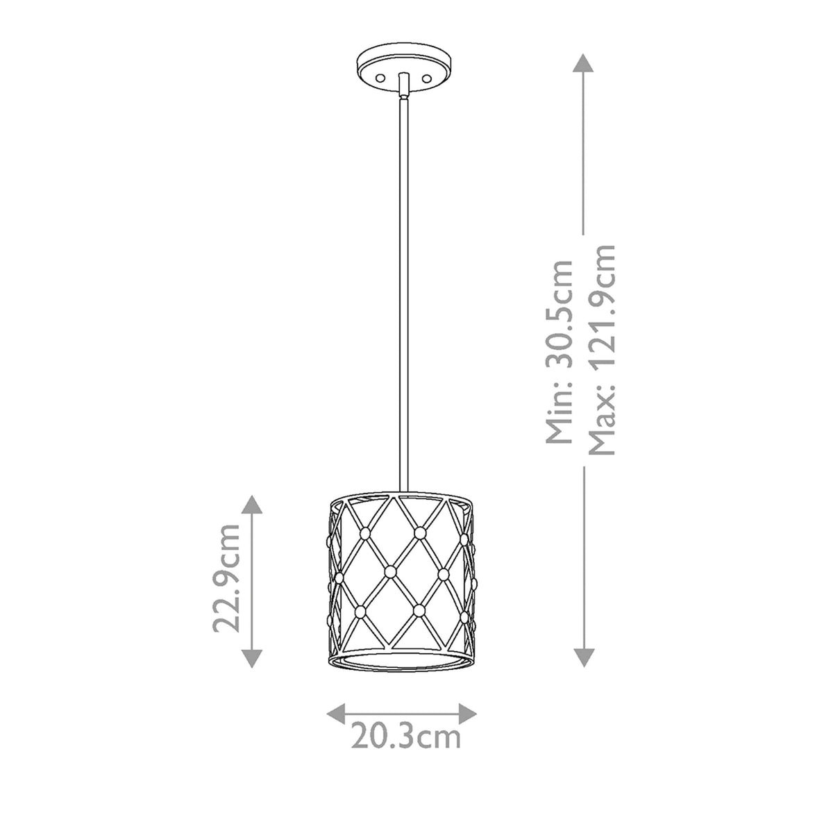 Line drawing with dimensions for the pendant light, showing its height and width.