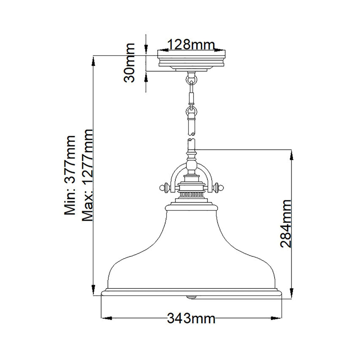 Technical diagram detailing the dimensions of the polished nickel pendant light fixture.