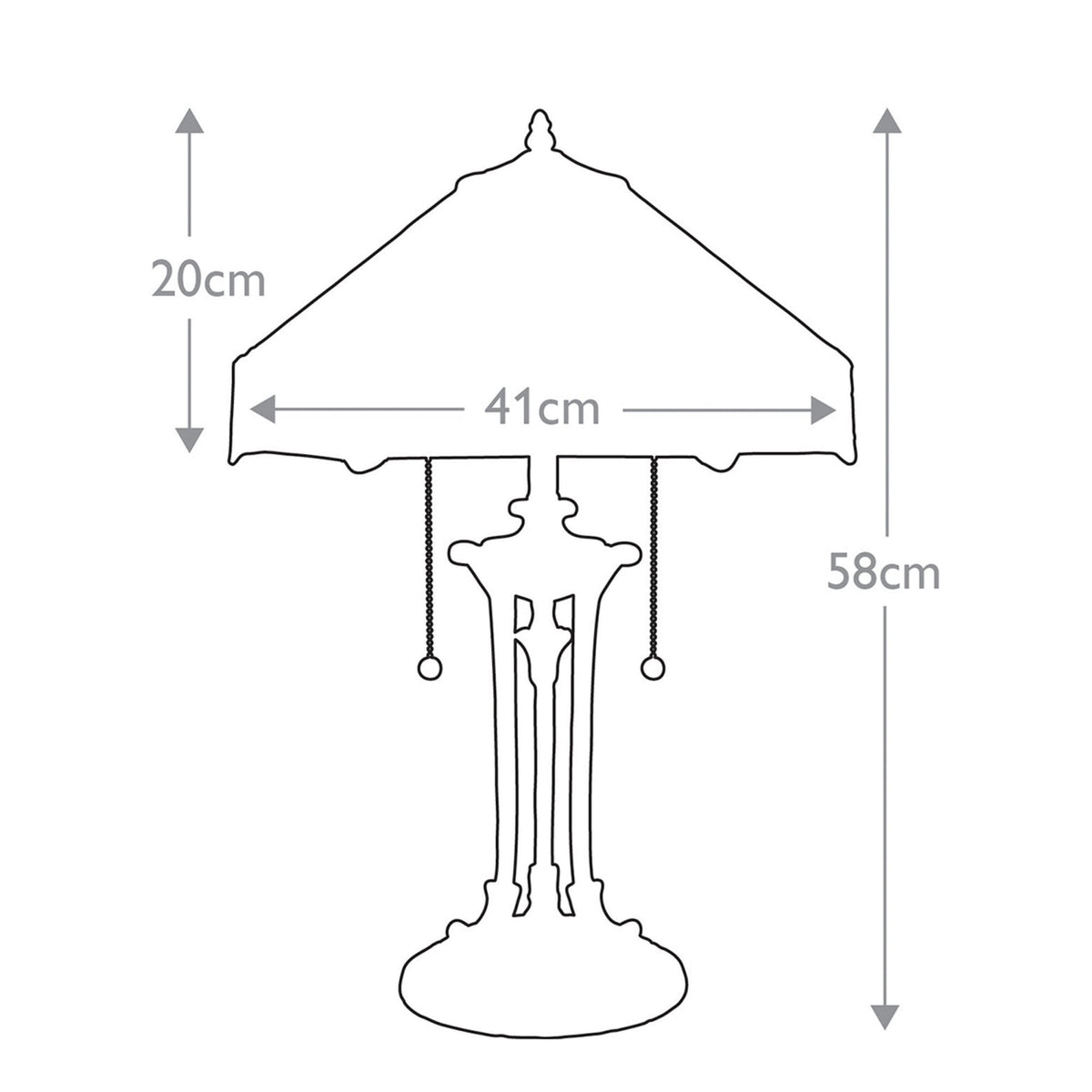 Line drawing illustrating the dimensions of a table lamp, 58cm tall by 41cm wide.