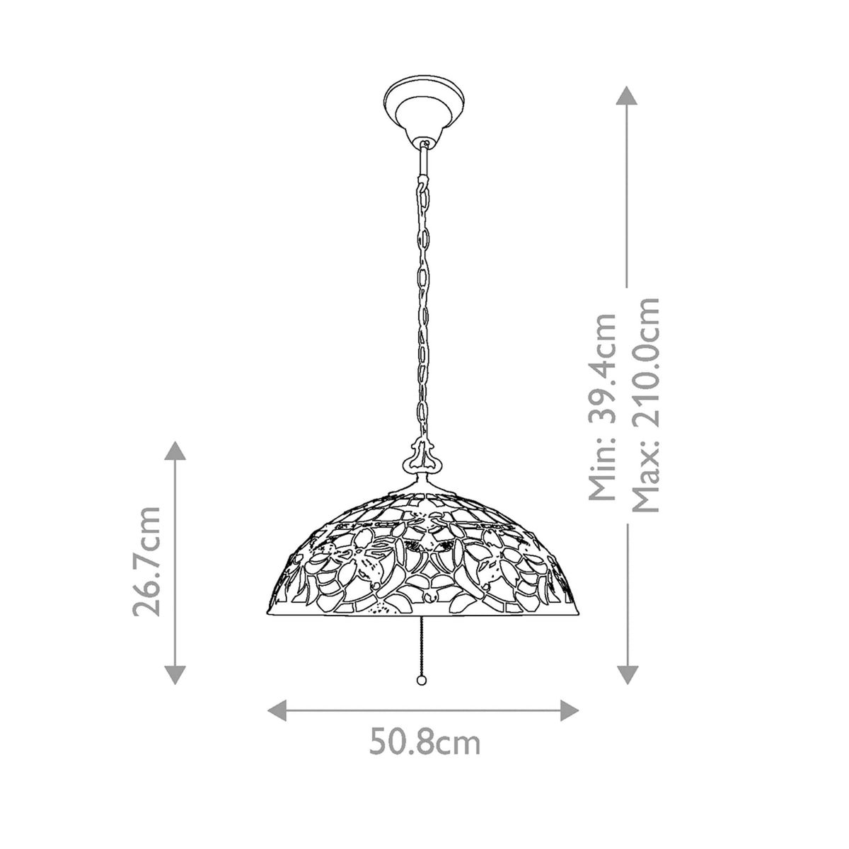 Line drawing of the ceiling light with dimensions, showing minimum and maximum heights.