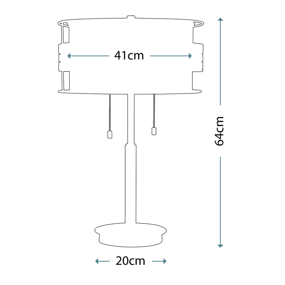 A diagram of the lamp's dimensions, showing a height of 64cm and shade width of 41cm.