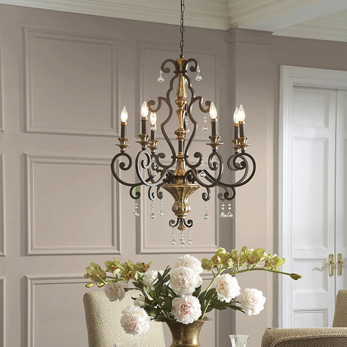 Marquette Six Light Chandelier in Bronze with Gold Highlights