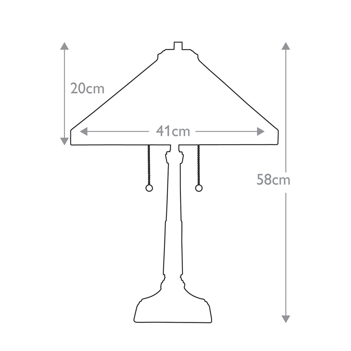 A line drawing of the table lamp, showing its dimensions: 58cm height, 41cm shade width.