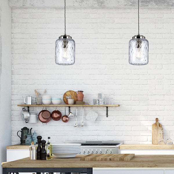 Sola Single Pendant in Polished Nickel with Diamond Patterned Clear Glass