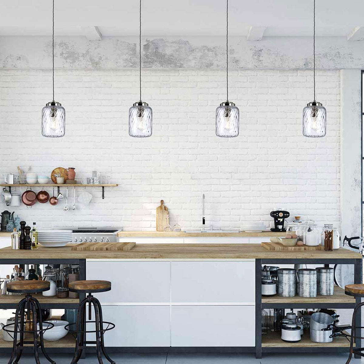 Sola Single Pendant in Polished Nickel with Diamond Patterned Clear Glass