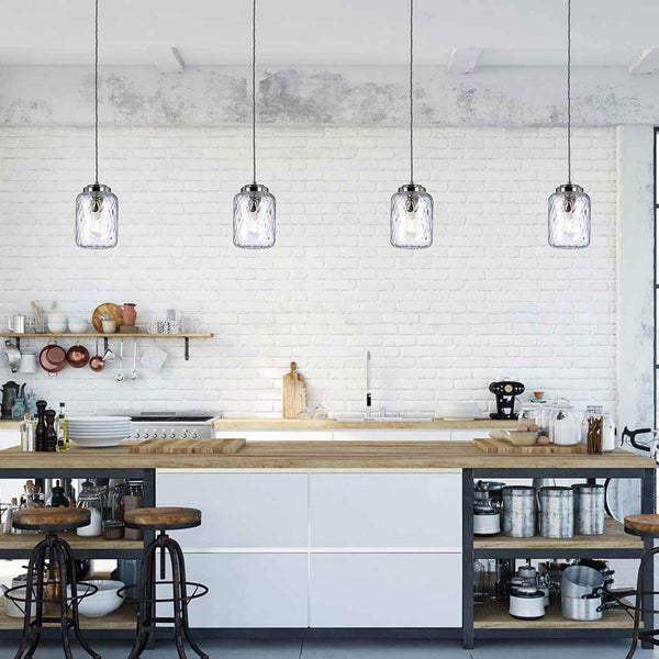 Sola Single Pendant in Polished Nickel with Diamond Patterned Clear Glass