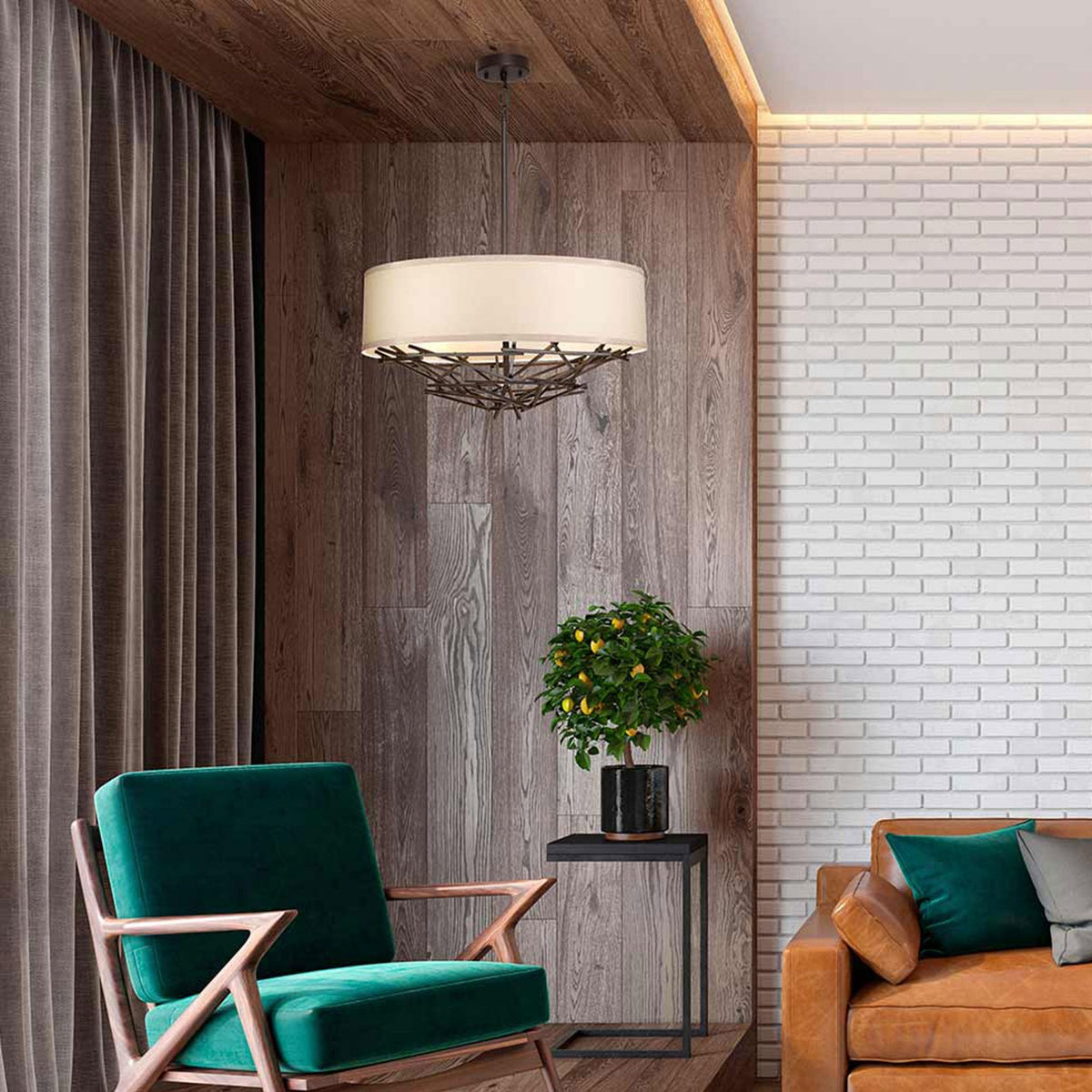 Taiko Four Lamp Pendant in Old Bronze & Oatmeal Shade