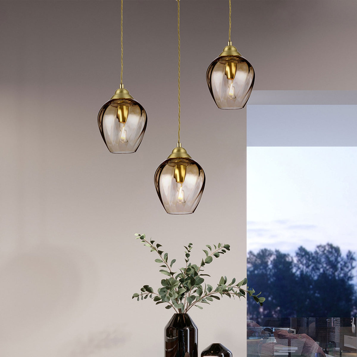 Tiber Single Pendant in Brushed Brass with Amber Glass