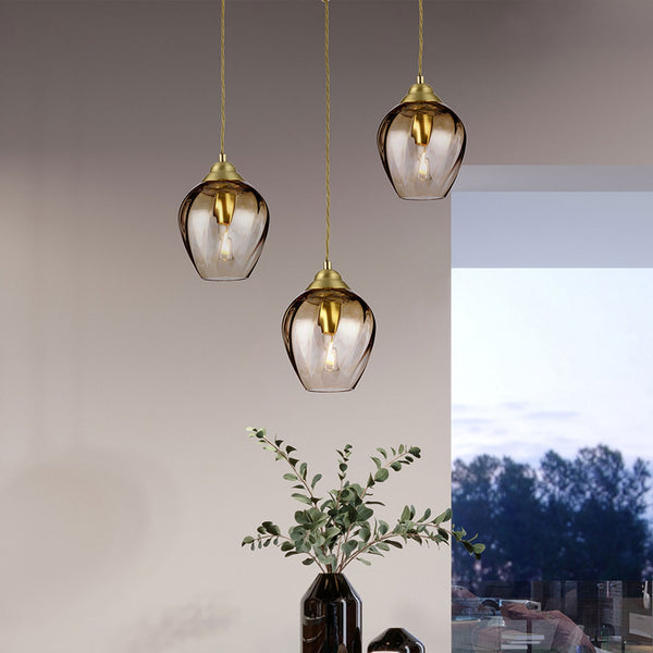 Tiber Single Pendant in Brushed Brass with Amber Glass