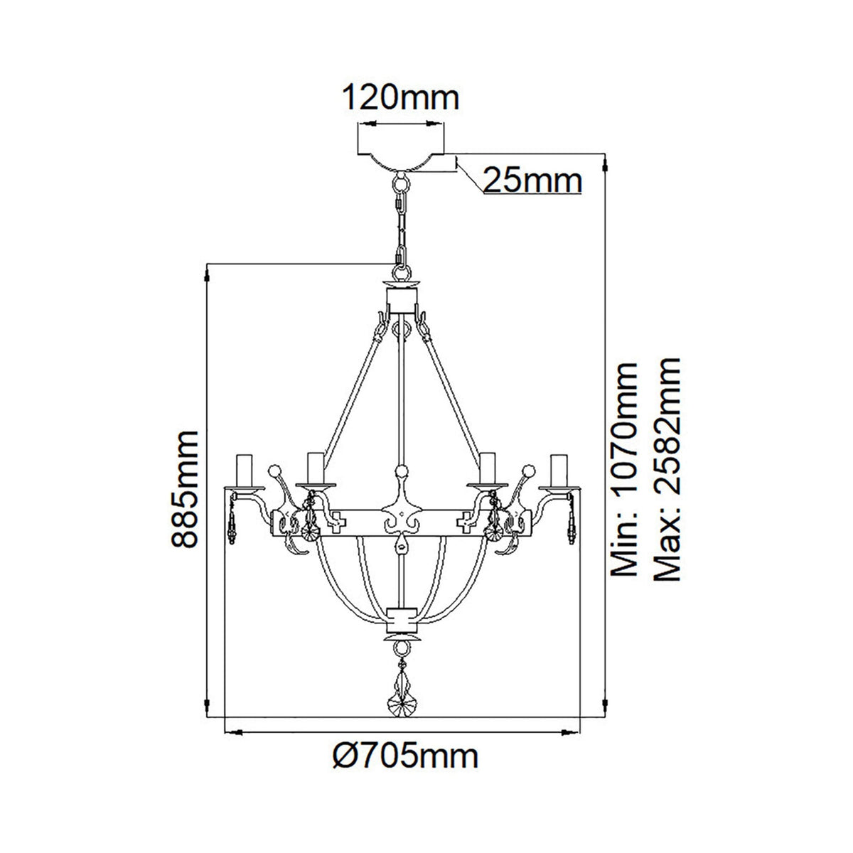 Windsor Six Light Chandelier in Gold Patina