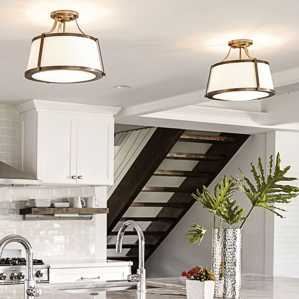 Charlotte Semi Flush Ceiling Light in Brushed Caramel with Linen Shade