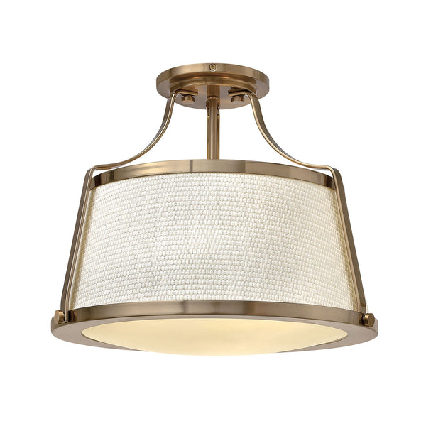 Charlotte Semi Flush Ceiling Light in Brushed Caramel with Linen Shade