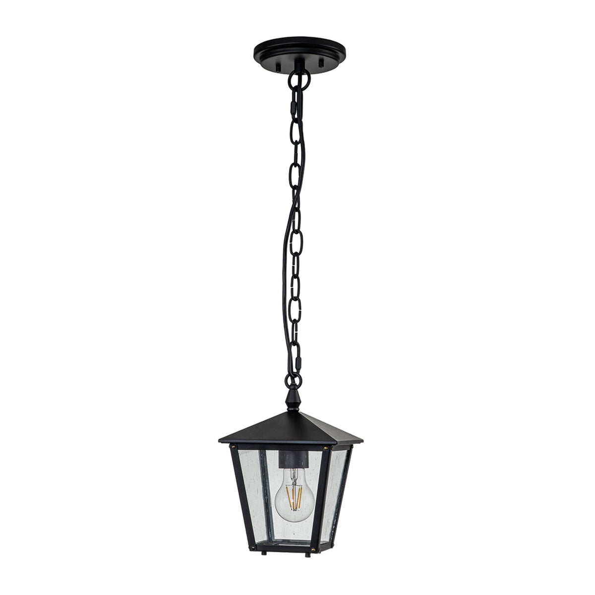 Huntersfield IP44 Exterior Small Pendant Lantern in Black with Clear Seeded Class