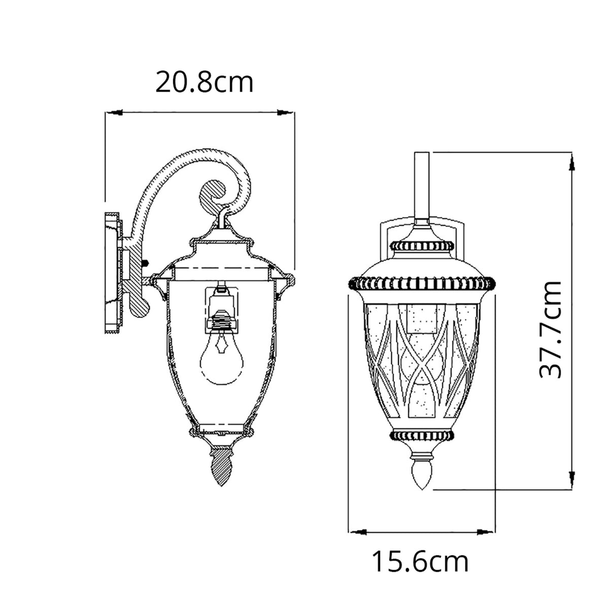 Line drawing of the black traditional outdoor wall light with dimensions for height and width.
