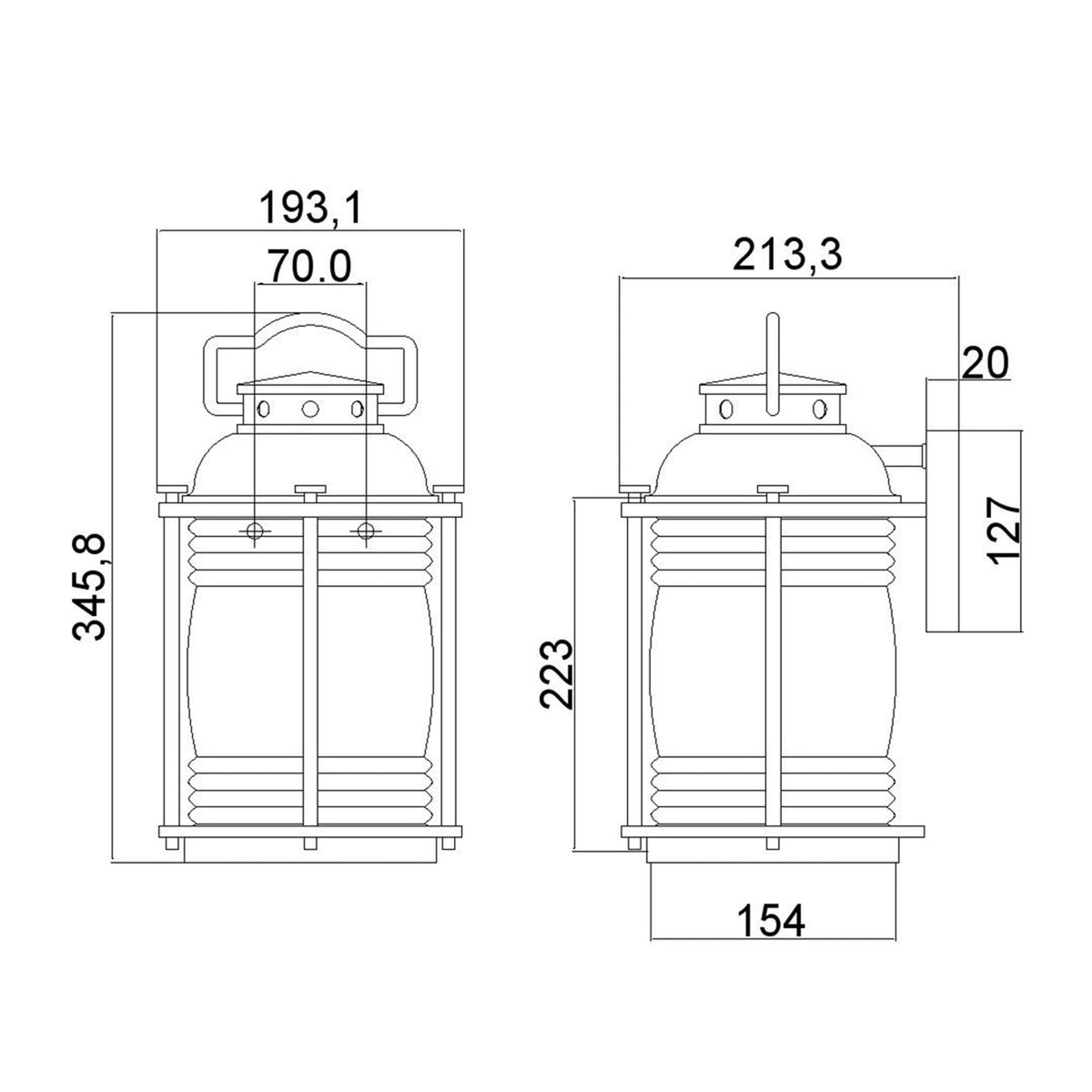 Technical drawing of an outdoor wall lantern with detailed dimensions in millimetres.