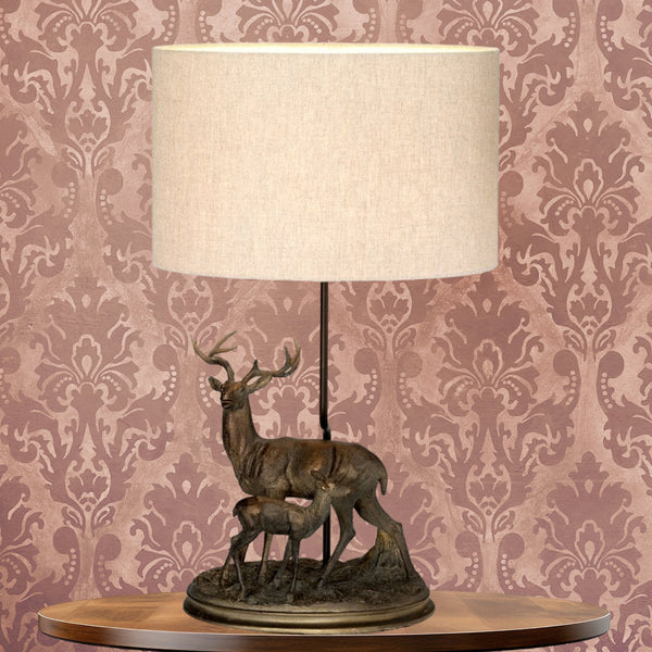 Amelia Stag & Fawn Table Lamp in Bronze Patina with Oval Natural Hessian Shade