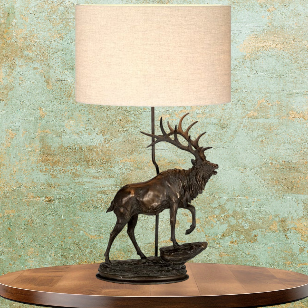 Angus Stag Statuette Table Lamp in Bronze Patina with Oval Natural Hessian Shade