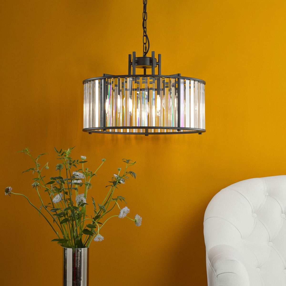 Kiran 5 Light Pendant In Satin Black & Crystal