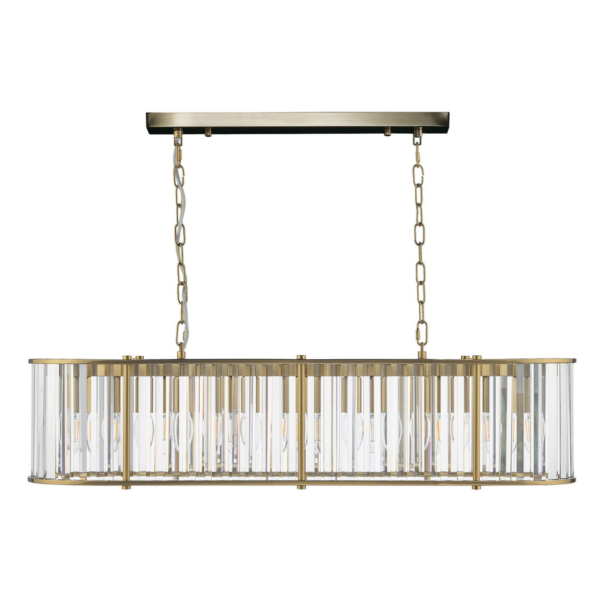 Rectangular chandelier with clear glass panels and an antique brass frame, suspended by two chains.