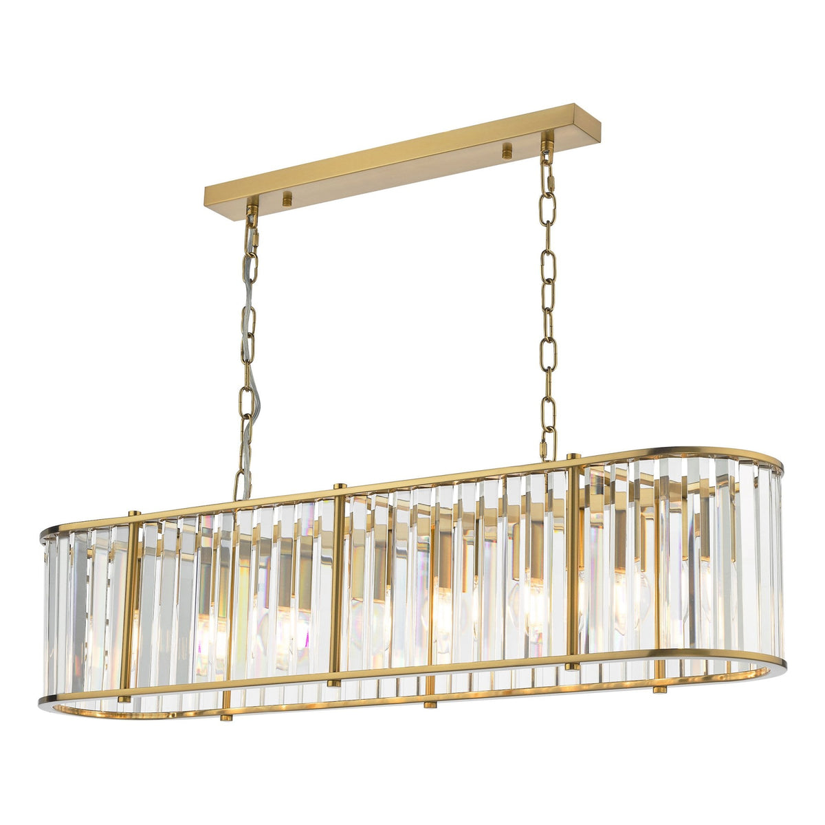 Rectangular gold chandelier with vertical crystal rods and exposed bulbs.
