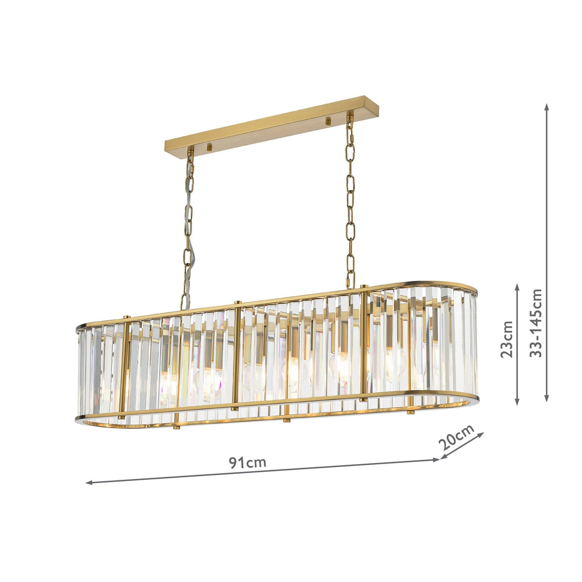 Gold rectangular chandelier with clear crystal rods, suspended by chains, showing dimensions of 91cm length, 20cm width, 23cm height, and adjustable drop of 33-145cm.