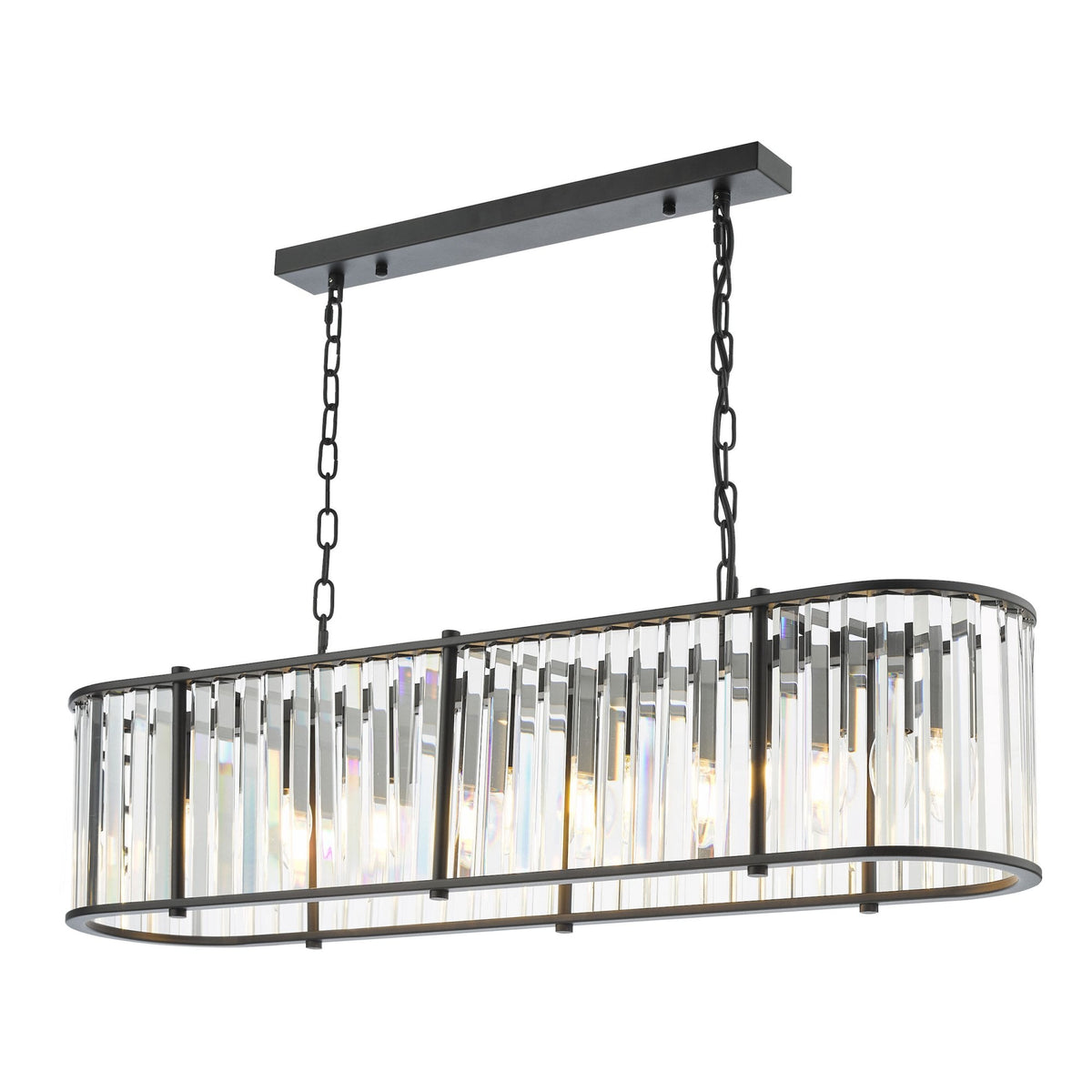 Rectangular chandelier with black frame and clear crystal rods, suspended by chains.