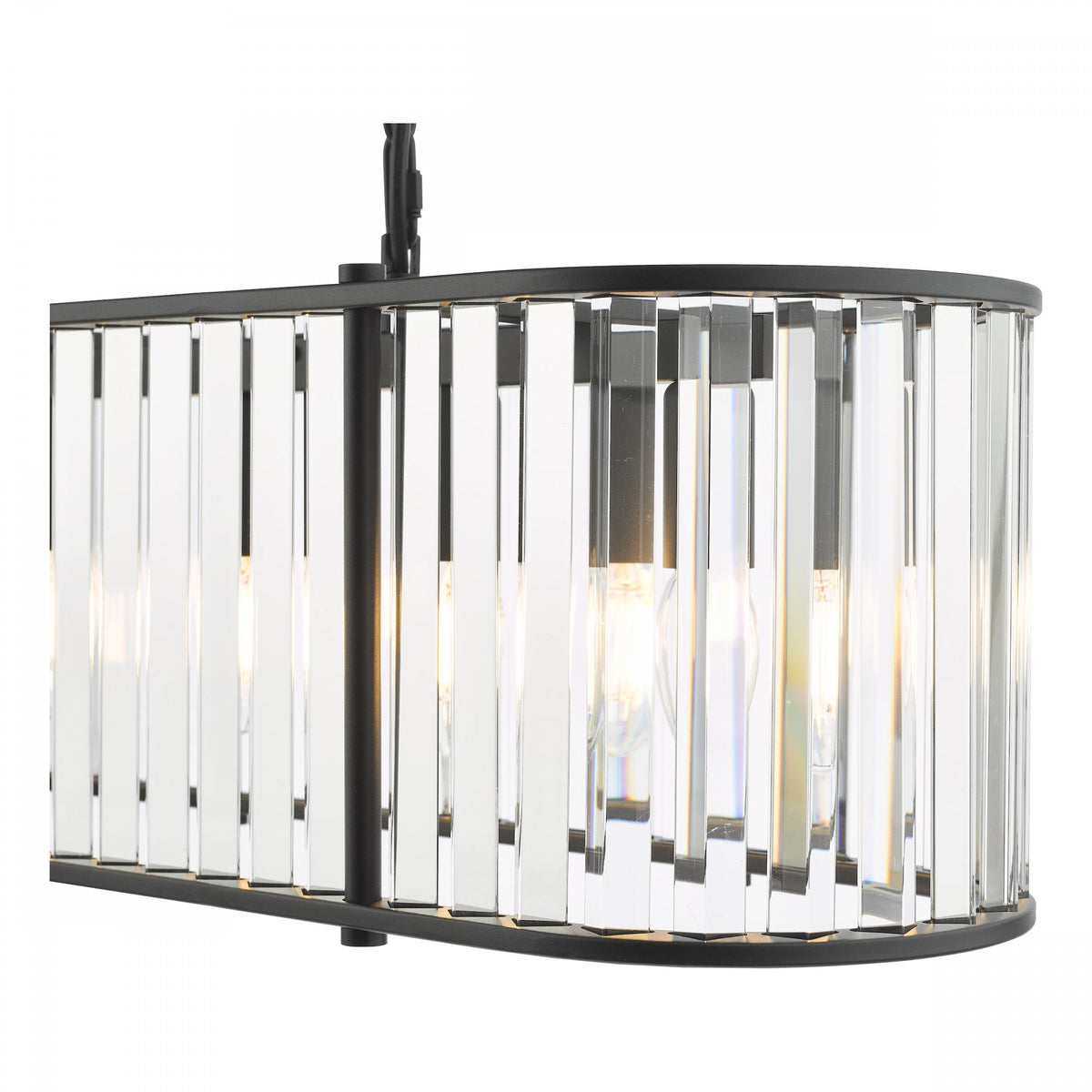 Rectangular chandelier with black frame and vertical clear glass panels, illuminated from within.