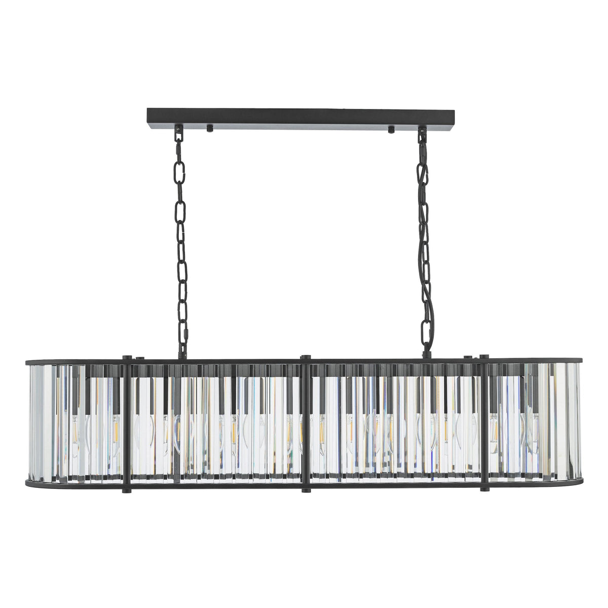Black rectangular chandelier with clear crystal rods and exposed bulbs.