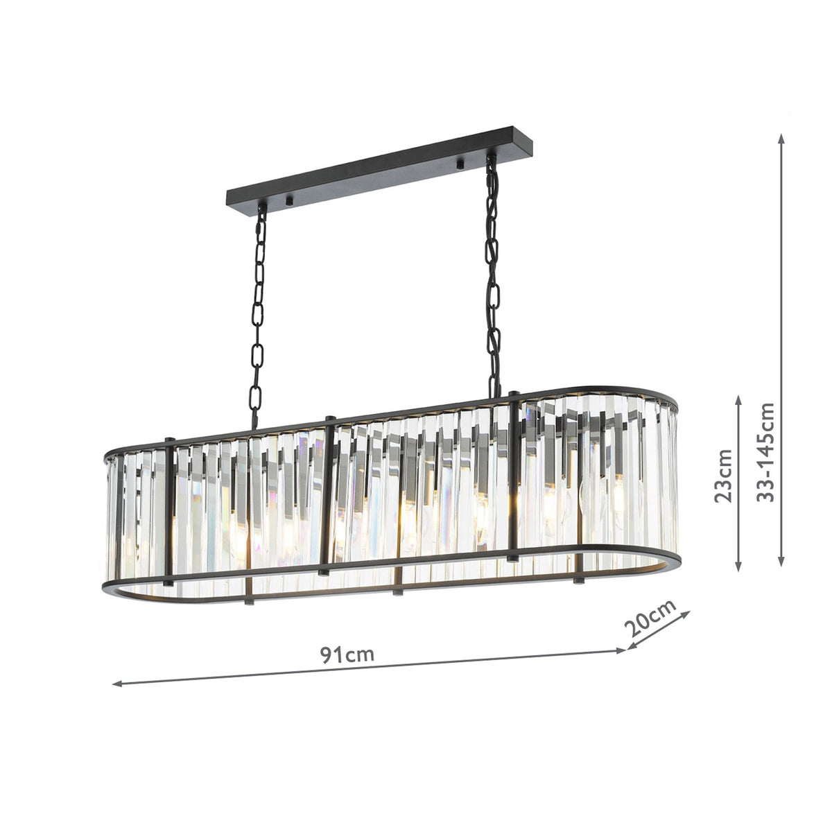 Rectangular black chandelier with clear crystal rods and exposed bulbs, showing dimensions.