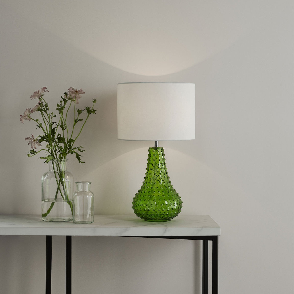 Kristina Glass Table Lamp In Green With White Linen Shade
