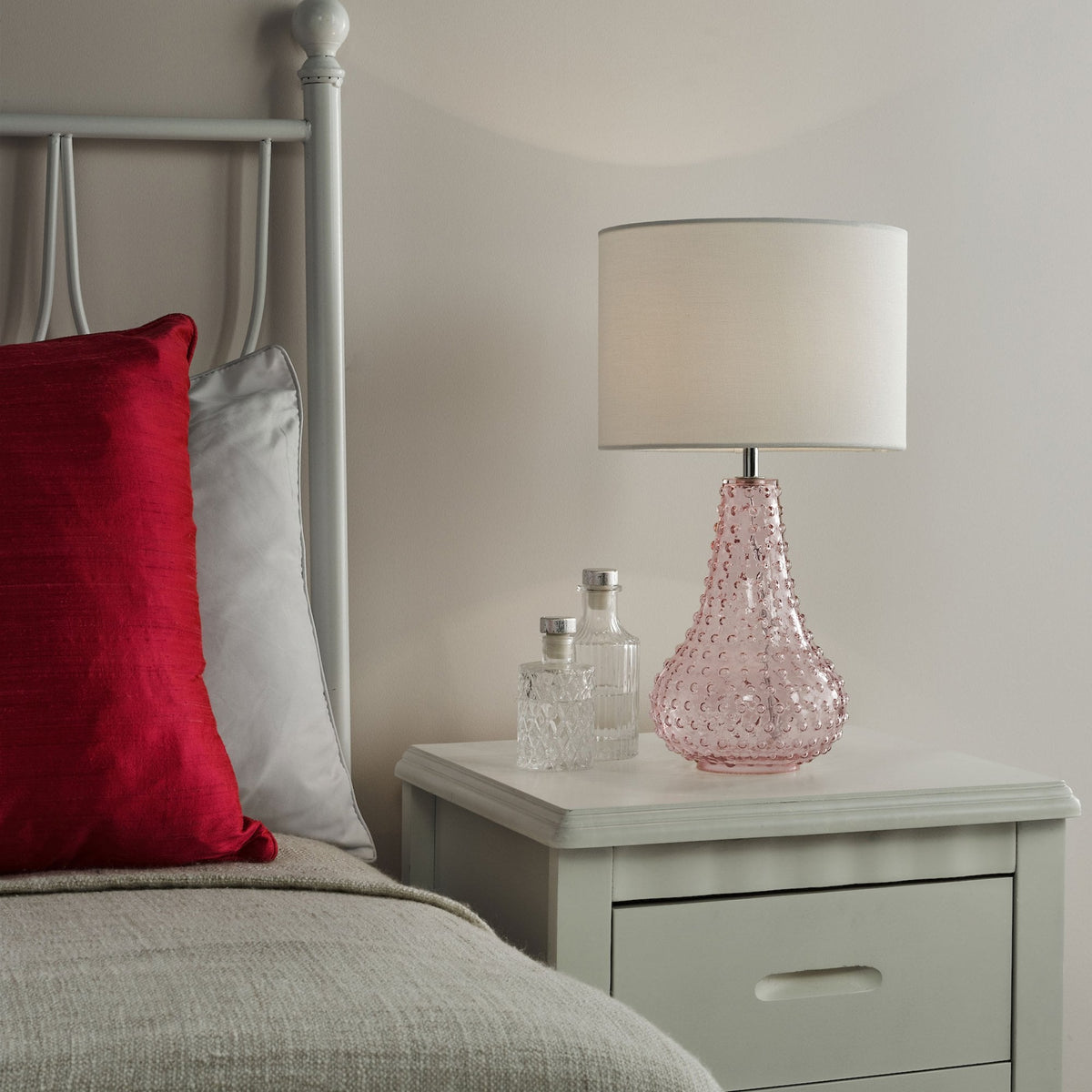 Kristina Glass Table Lamp In Pink With White Linen Shade