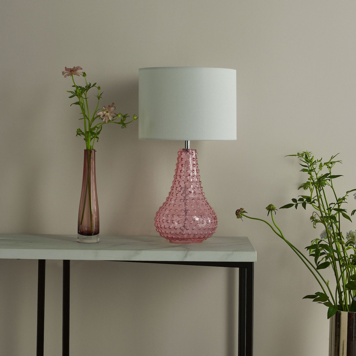 Kristina Glass Table Lamp In Pink With White Linen Shade