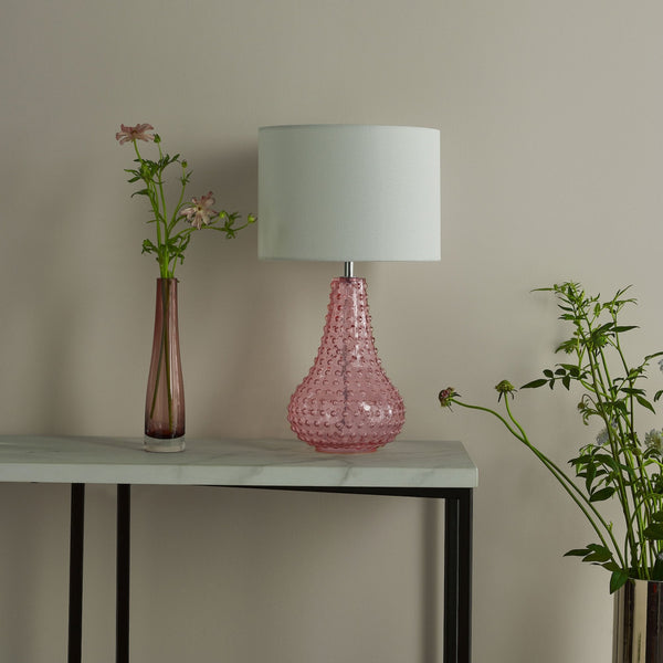 Kristina Glass Table Lamp In Pink With White Linen Shade