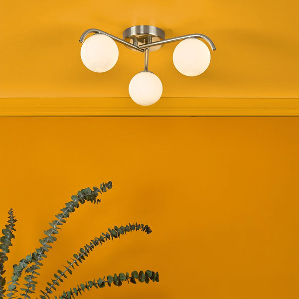 Orlena 3 Light Semi Flush Ceiling Light In Satin Chrome With Opal Glass Shades