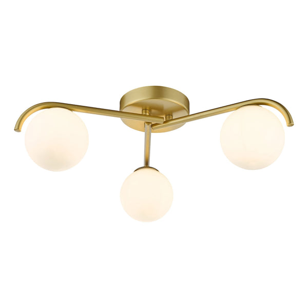 Orlena 3 Light Semi Flush Ceiling Light In Satin Gold With Opal Glass Shades