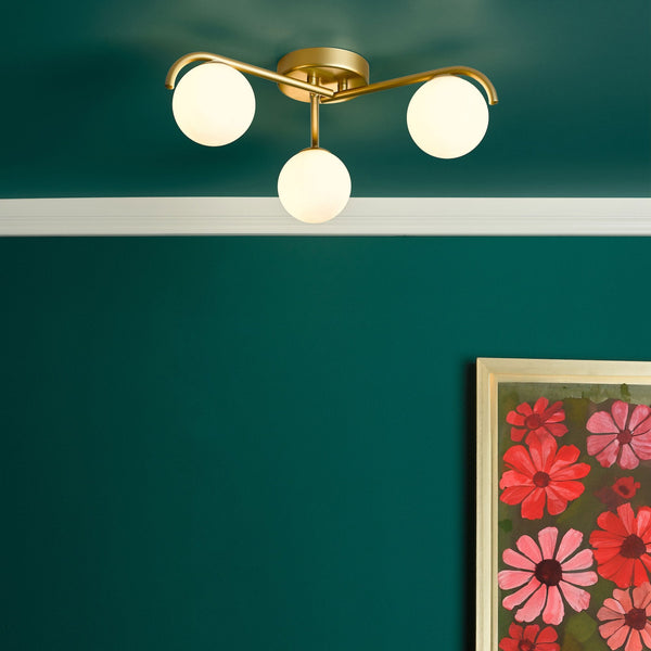 Orlena 3 Light Semi Flush Ceiling Light In Satin Gold With Opal Glass Shades