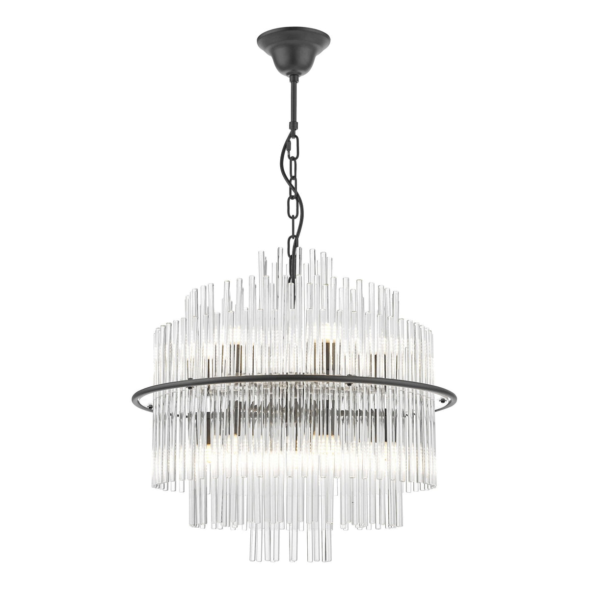 Modern chandelier with clear glass rods and a dark metal frame, hanging from a chain.