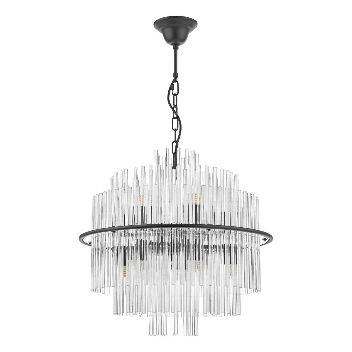 Black chandelier with clear glass rods in a tiered, circular design.
