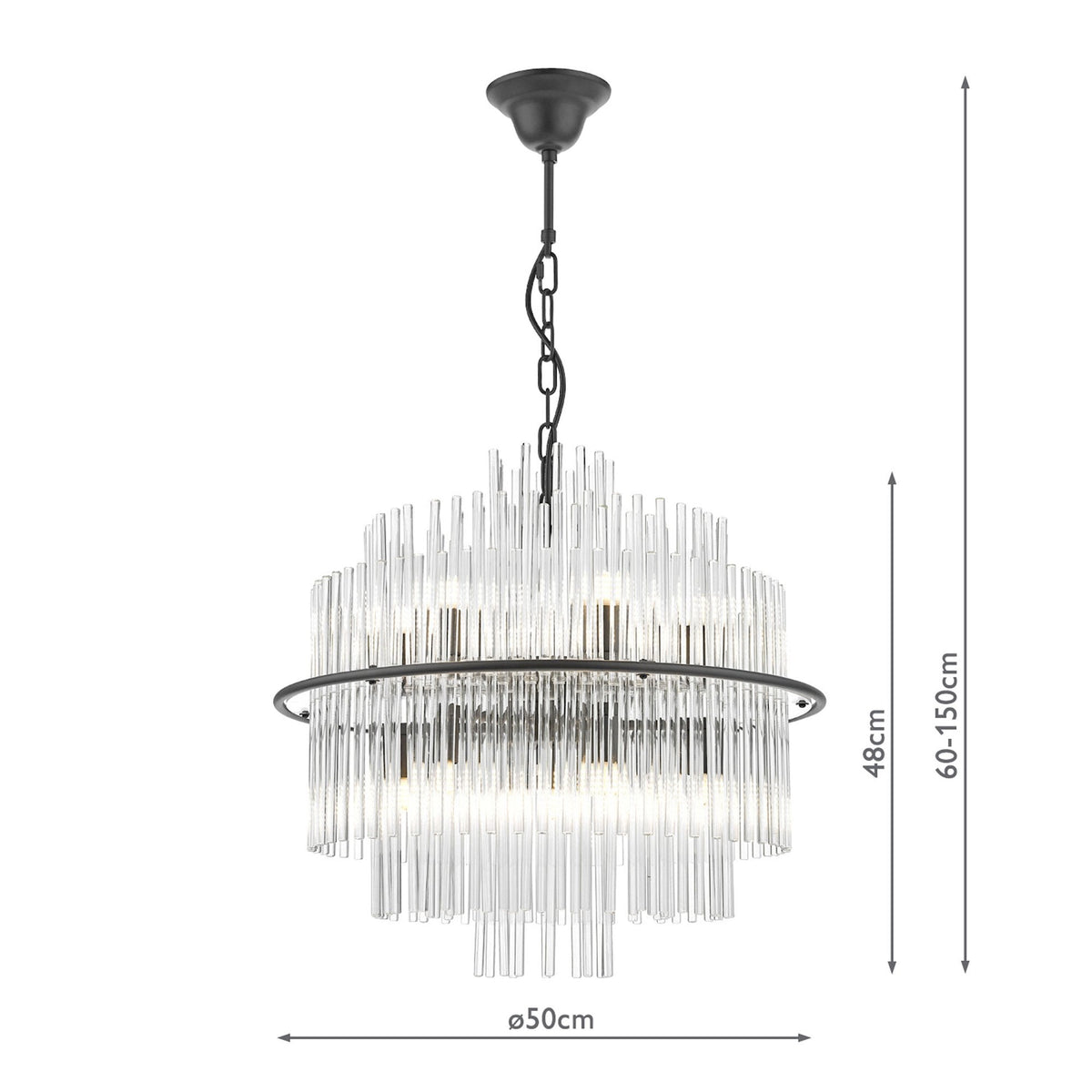 A black chandelier with two tiers of clear glass rods, illuminated, on a white background with dimensions.