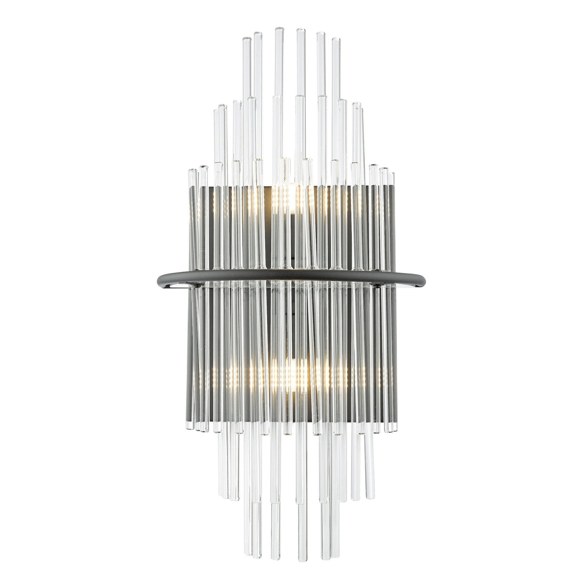 Modern wall sconce with clear glass rods and a dark metal band, illuminated from within.