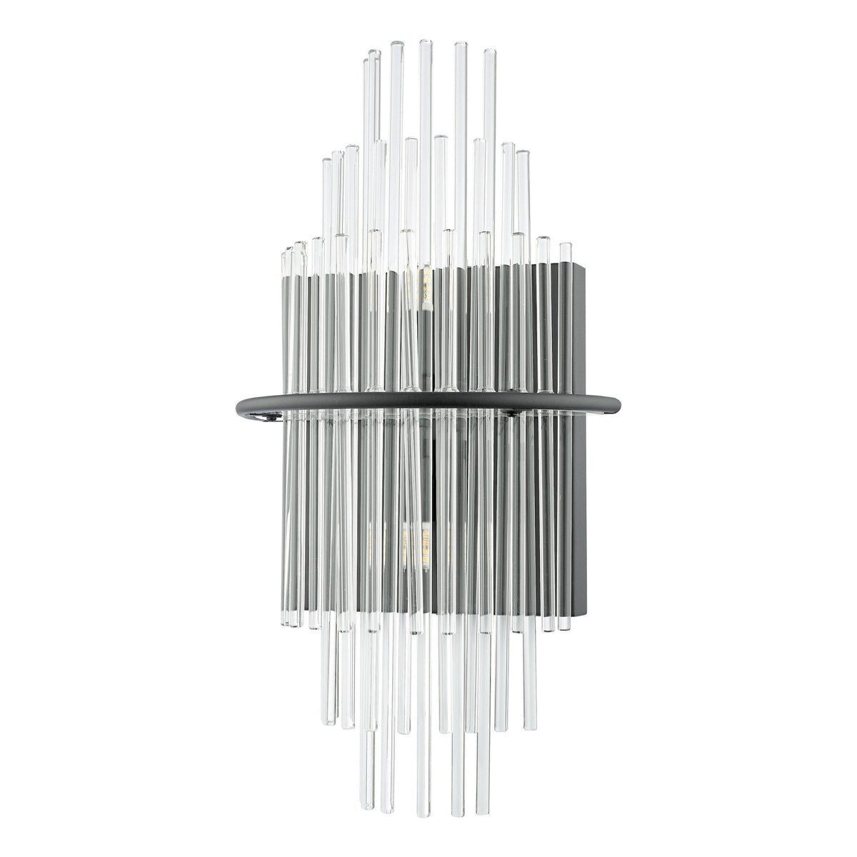 Modern wall sconce with clear glass rods and a dark metal frame.