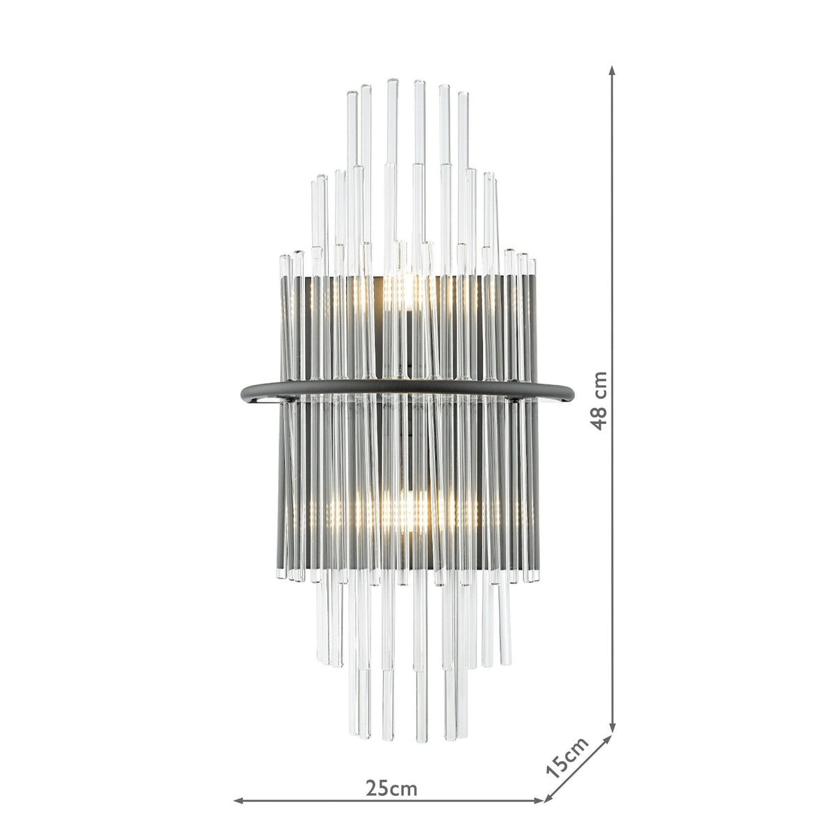 Modern wall light with clear glass rods and a dark metal band, showing dimensions of 48cm height, 25cm width, and 15cm depth.