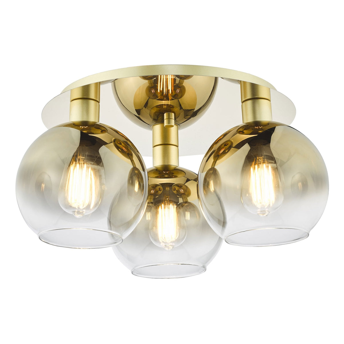Three-light ceiling fixture with clear glass shades and brass accents.