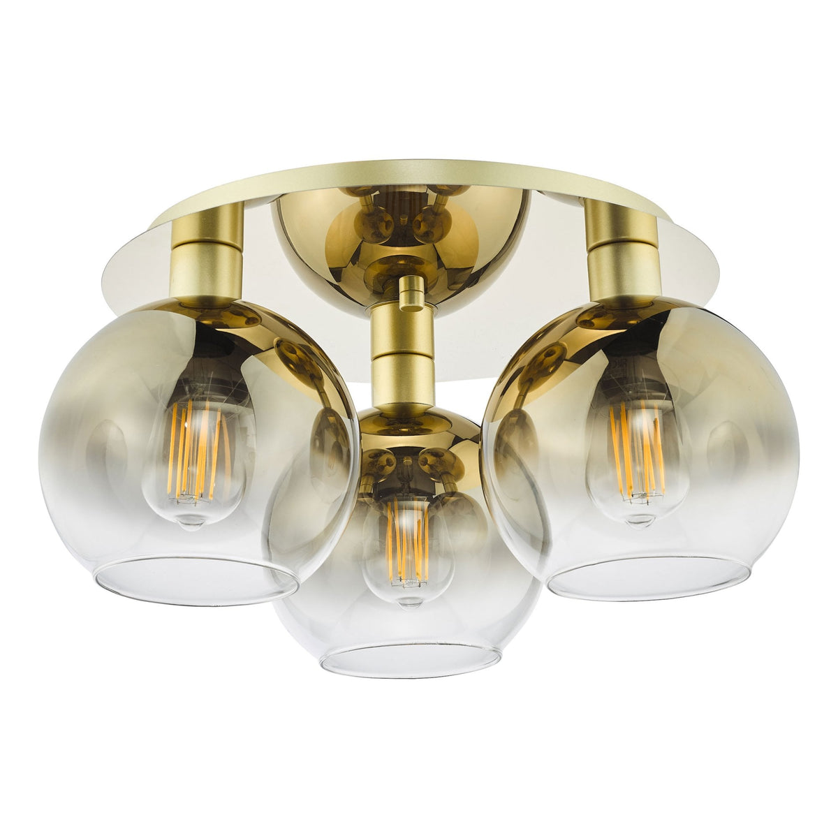 A modern ceiling light with three amber glass globes and exposed filament bulbs.