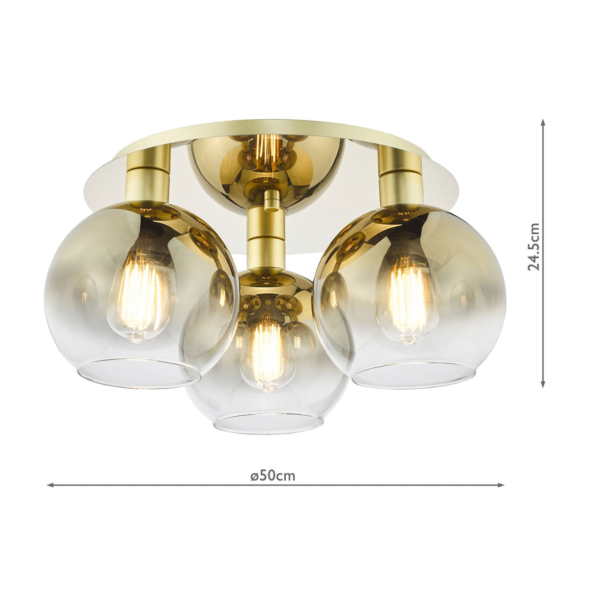 Three-light ceiling fixture with gold base and amber glass globes, dimensions 50cm wide by 24.5cm high.