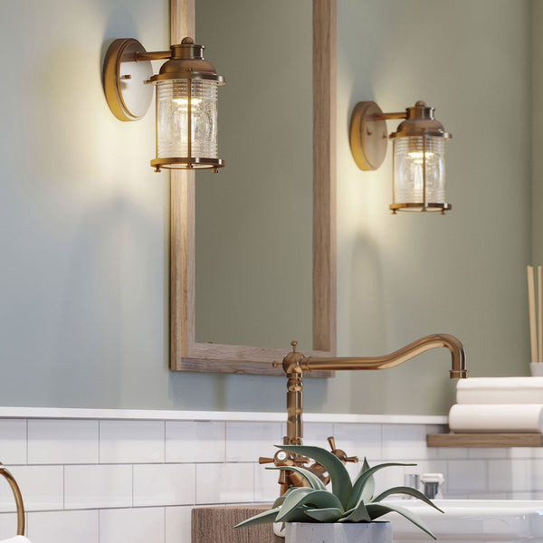Ashland Bay Single IP44 Wall Light in Natural Brass with Clear Seedy Ribbed Glass