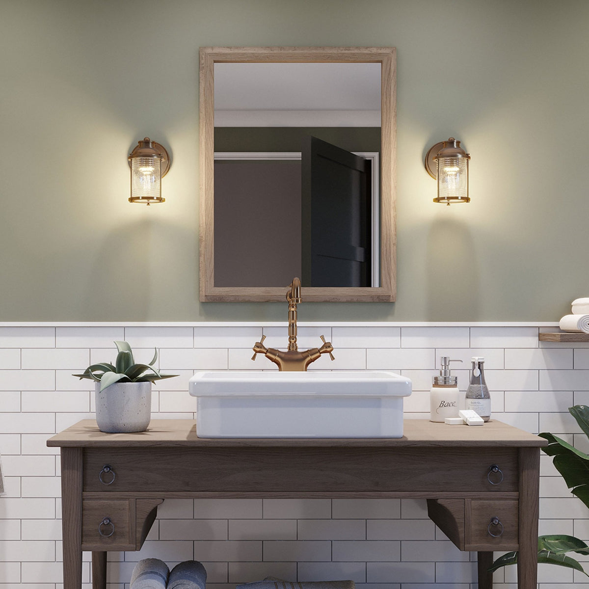 Ashland Bay Single IP44 Wall Light in Natural Brass with Clear Seedy Ribbed Glass