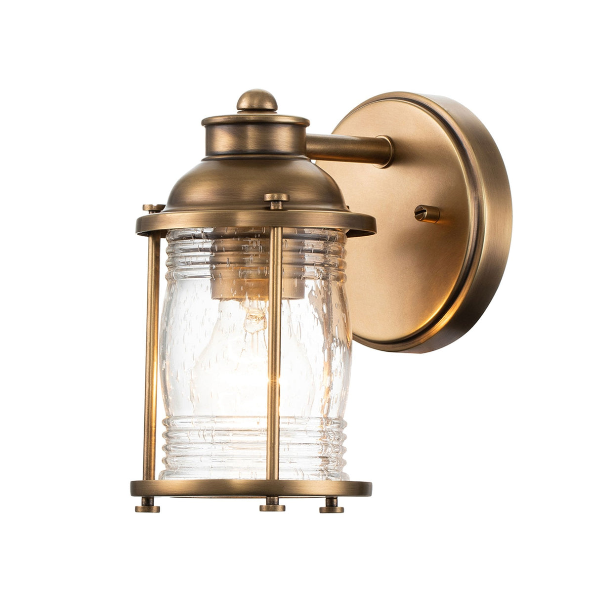 Ashland Bay Single IP44 Wall Light in Natural Brass with Clear Seedy Ribbed Glass