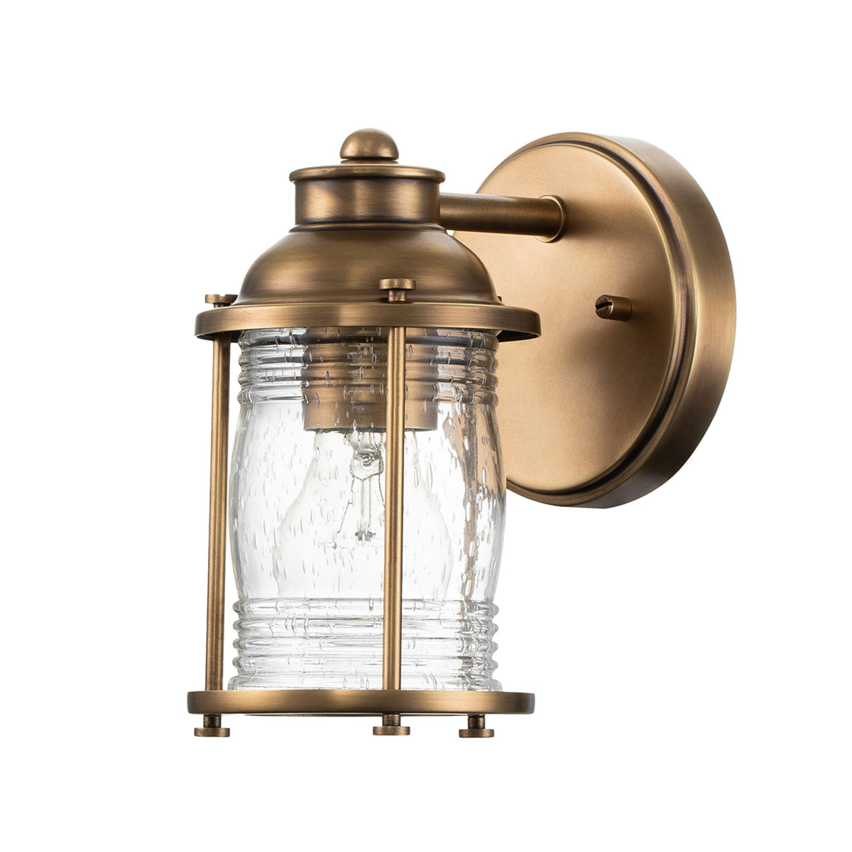 Ashland Bay Single IP44 Wall Light in Natural Brass with Clear Seedy Ribbed Glass